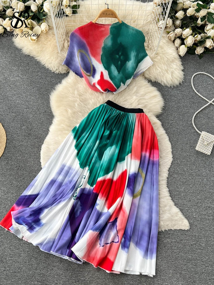 Tie Die Print Fashion Two Pieces Suits O Neck Short T Shirt+Hight Waist Pleated Skirt Women Streetwear Summer Set