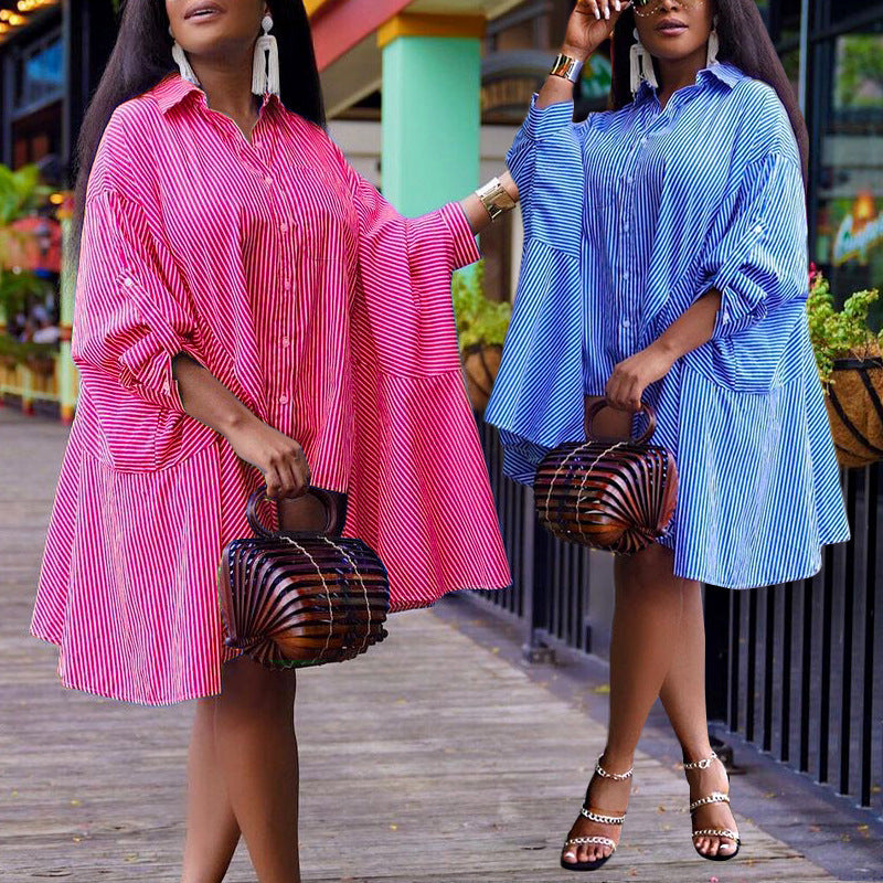 New Women's Temperament Personality Loose Striped Shirt Single-Row Button Dress