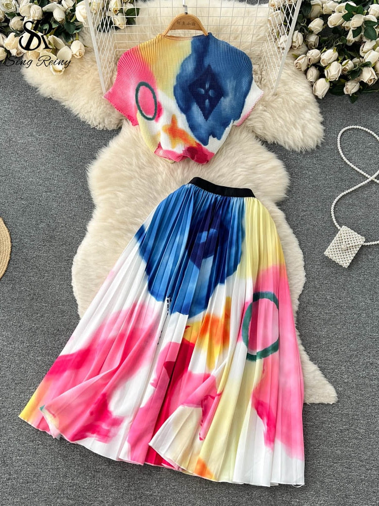Tie Die Print Fashion Two Pieces Suits O Neck Short T Shirt+Hight Waist Pleated Skirt Women Streetwear Summer Set