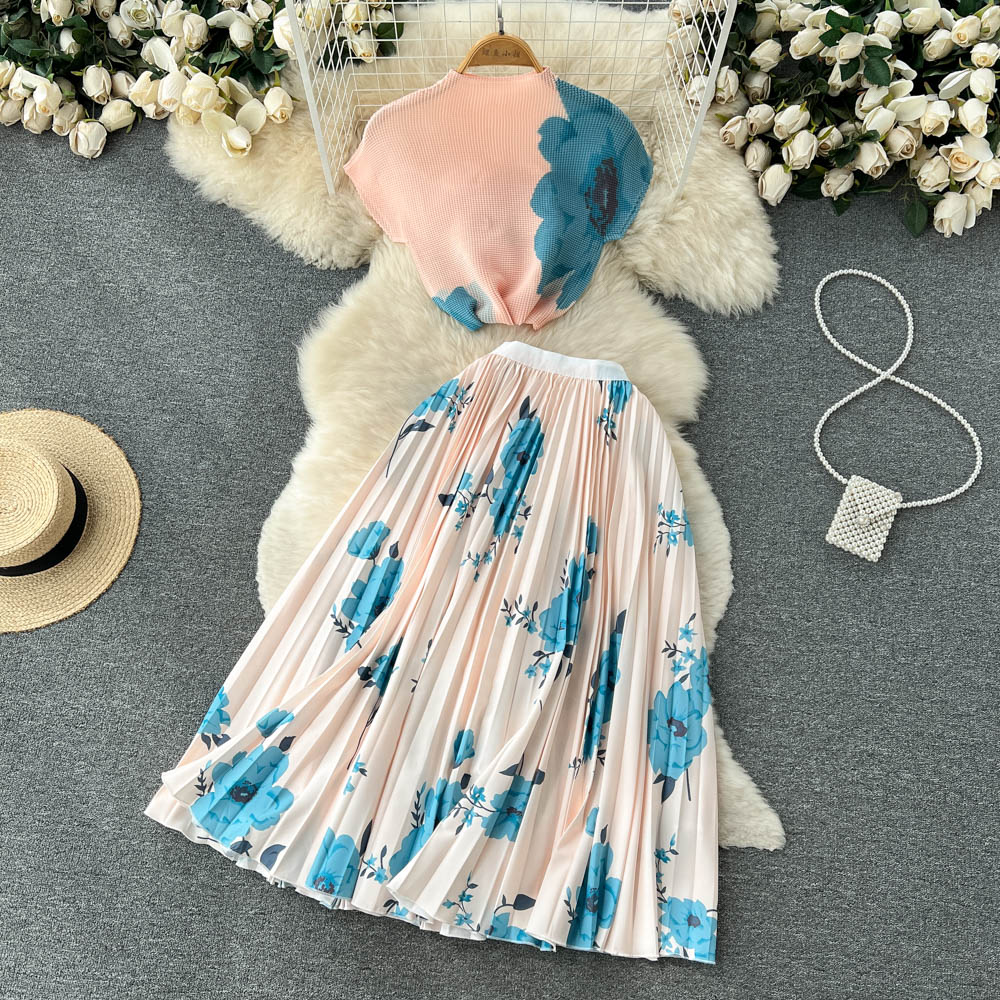 Tie Die Print Fashion Two Pieces Suits O Neck Short T Shirt+Hight Waist Pleated Skirt Women Streetwear Summer Set