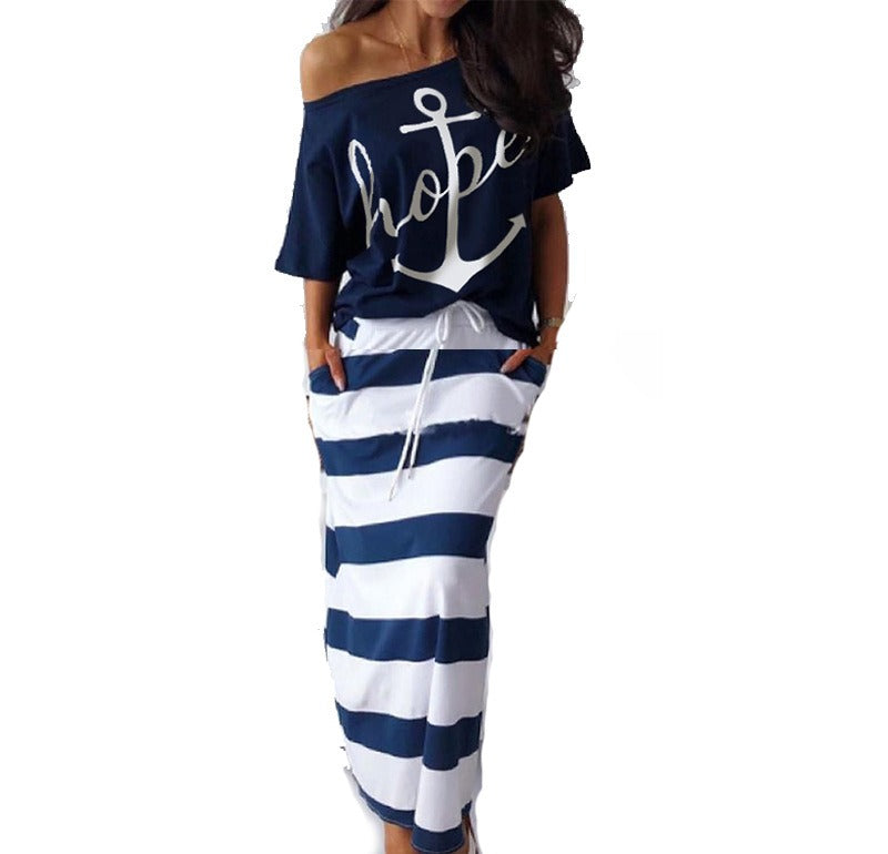 European and American Womens Two Piece One Shoulder Navy Wind Anchor Printed Skirt Set for Women