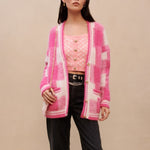 Spring New Mohair V-neck Plaid Pink Knitted Jacket Single-breasted Collision Color Loose Cardigan Sweater M Brand