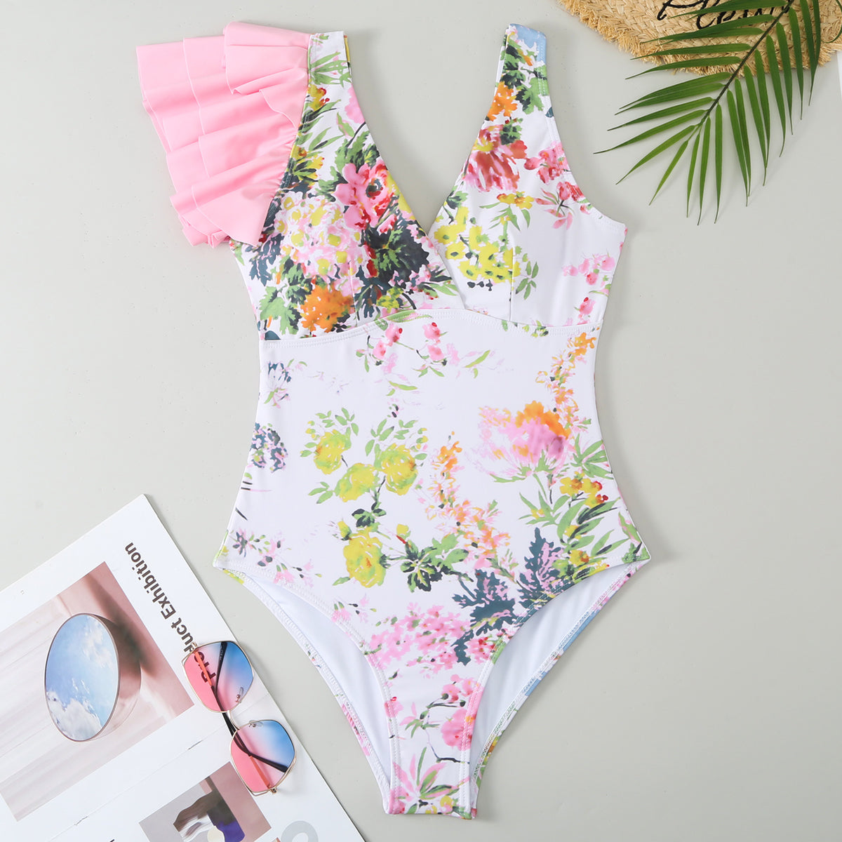 Pink  One Piece Swimsuit Skirt Summer Women Backless Print Swimwear Beachwear Dress Cover Up Monokini Bath Suit