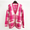 Spring New Mohair V-neck Plaid Pink Knitted Jacket Single-breasted Collision Color Loose Cardigan Sweater M Brand