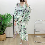 Floral Pleated Dress For Women Printing Color Block Batwing Sleeve Loose Summer Female Elegant Evening Dresses