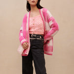 Spring New Mohair V-neck Plaid Pink Knitted Jacket Single-breasted Collision Color Loose Cardigan Sweater M Brand