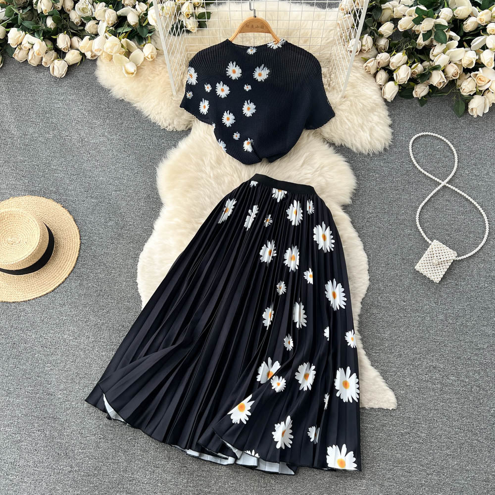 Tie Die Print Fashion Two Pieces Suits O Neck Short T Shirt+Hight Waist Pleated Skirt Women Streetwear Summer Set