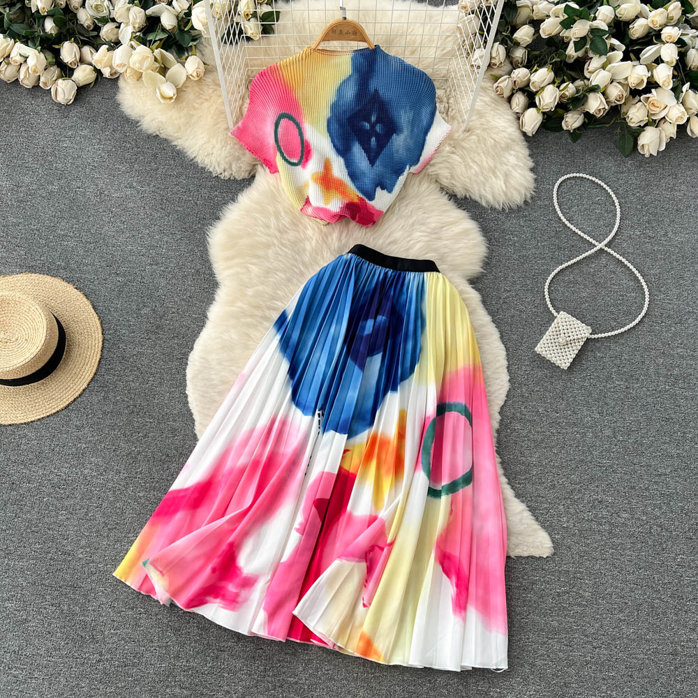 Tie Die Print Fashion Two Pieces Suits O Neck Short T Shirt+Hight Waist Pleated Skirt Women Streetwear Summer Set
