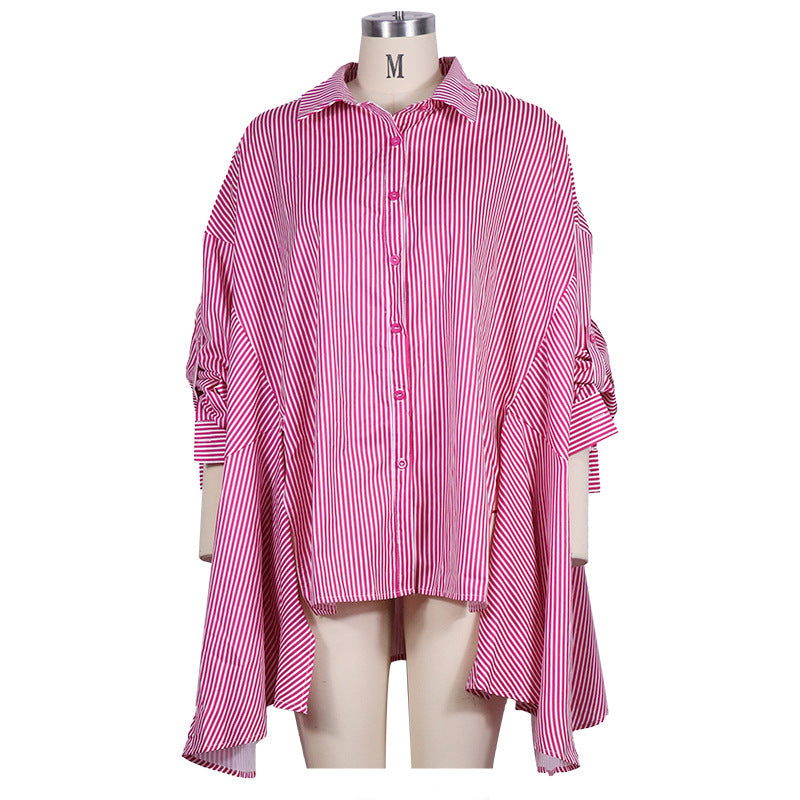 New Women's Temperament Personality Loose Striped Shirt Single-Row Button Dress
