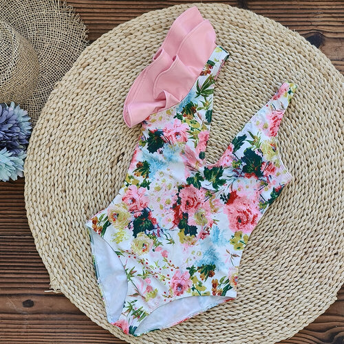 Pink  One Piece Swimsuit Skirt Summer Women Backless Print Swimwear Beachwear Dress Cover Up Monokini Bath Suit