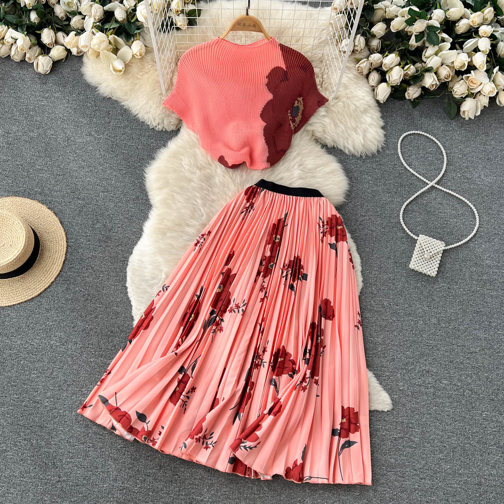 Tie Die Print Fashion Two Pieces Suits O Neck Short T Shirt+Hight Waist Pleated Skirt Women Streetwear Summer Set