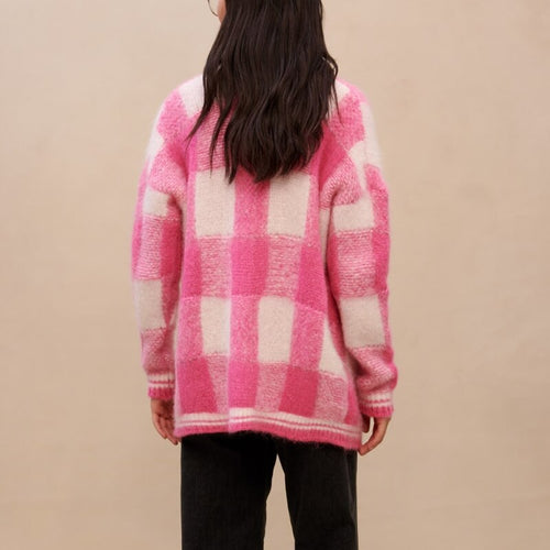 Spring New Mohair V-neck Plaid Pink Knitted Jacket Single-breasted Collision Color Loose Cardigan Sweater M Brand