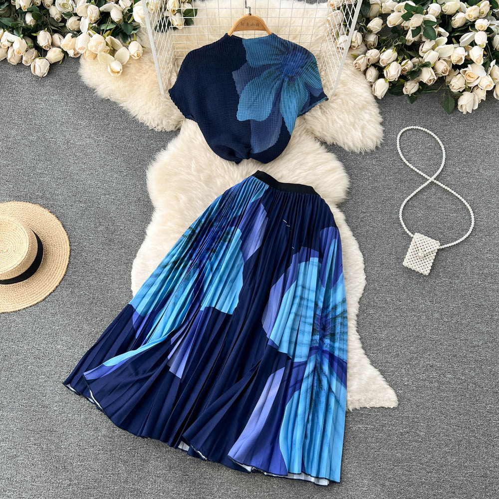 Tie Die Print Fashion Two Pieces Suits O Neck Short T Shirt+Hight Waist Pleated Skirt Women Streetwear Summer Set