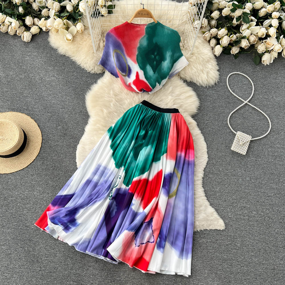Tie Die Print Fashion Two Pieces Suits O Neck Short T Shirt+Hight Waist Pleated Skirt Women Streetwear Summer Set