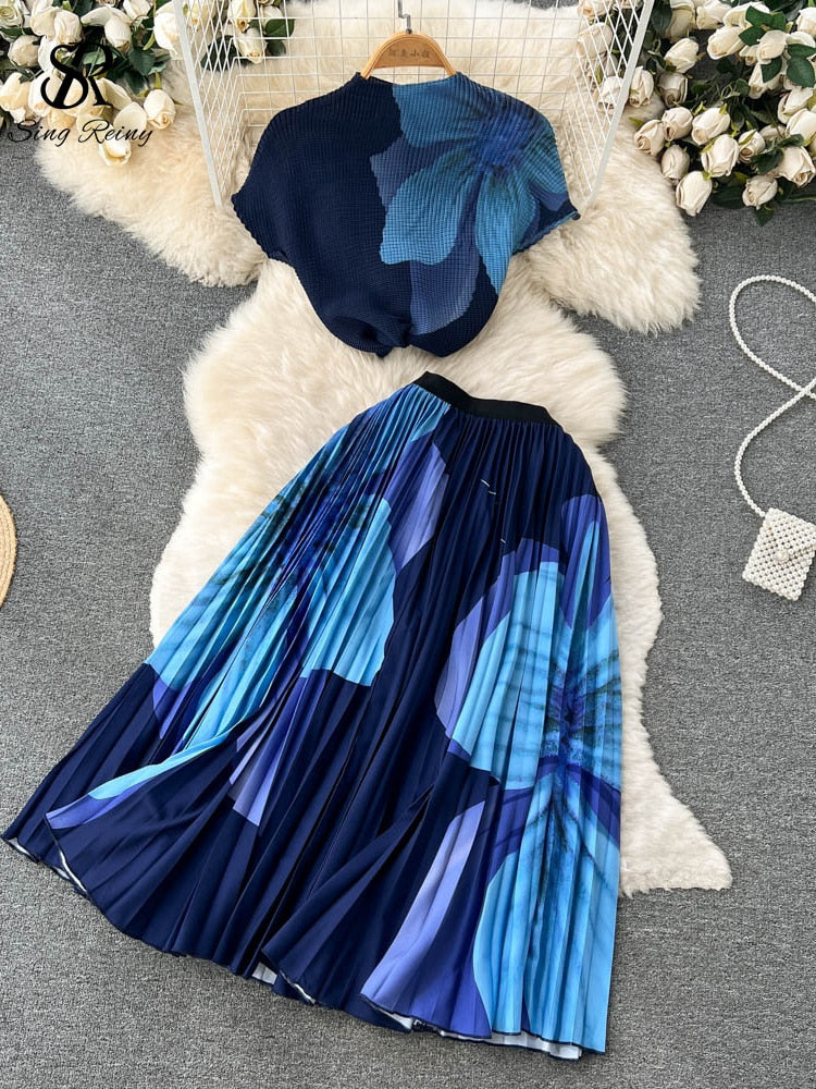 Tie Die Print Fashion Two Pieces Suits O Neck Short T Shirt+Hight Waist Pleated Skirt Women Streetwear Summer Set