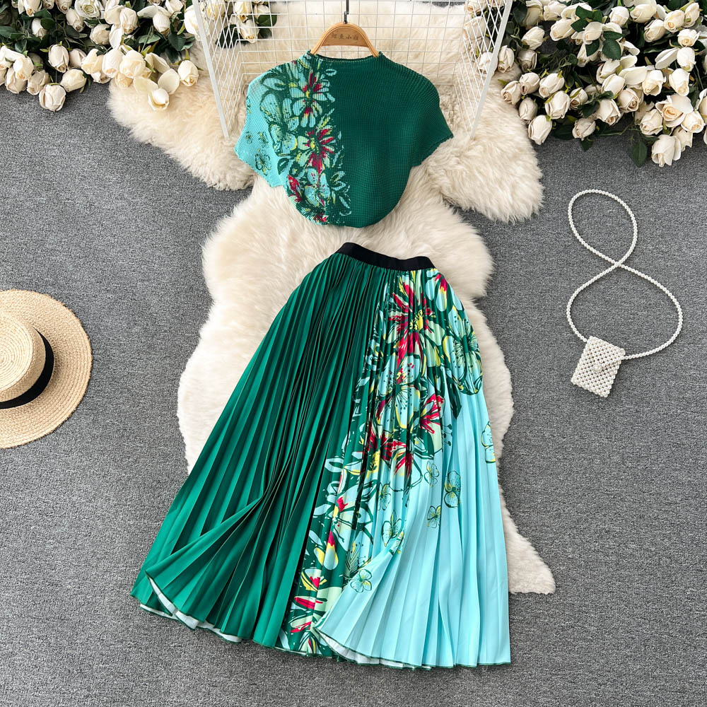 Tie Die Print Fashion Two Pieces Suits O Neck Short T Shirt+Hight Waist Pleated Skirt Women Streetwear Summer Set