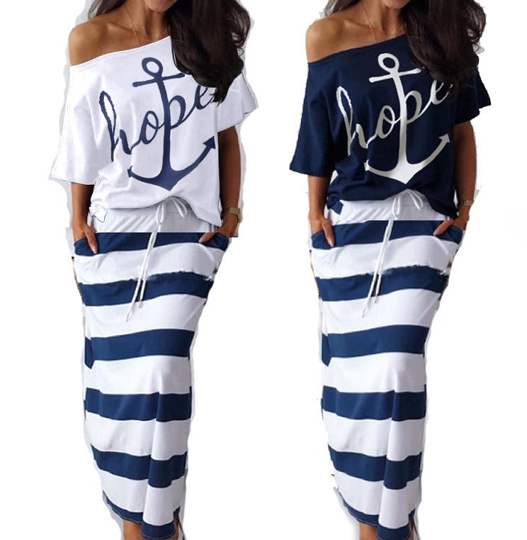 European and American Womens Two Piece One Shoulder Navy Wind Anchor Printed Skirt Set for Women