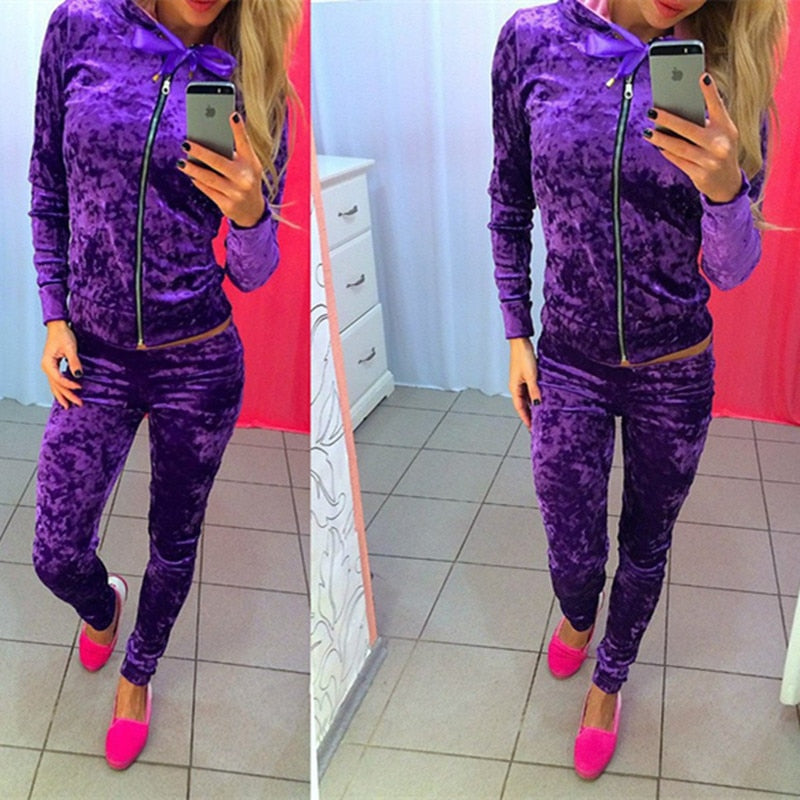 Velvet Tracksuit Two Piece Women Set Hoodies Sweatshirt & Skinny Pants Velour 2pcs Sets Female Clothing Fitness Sporting Suits