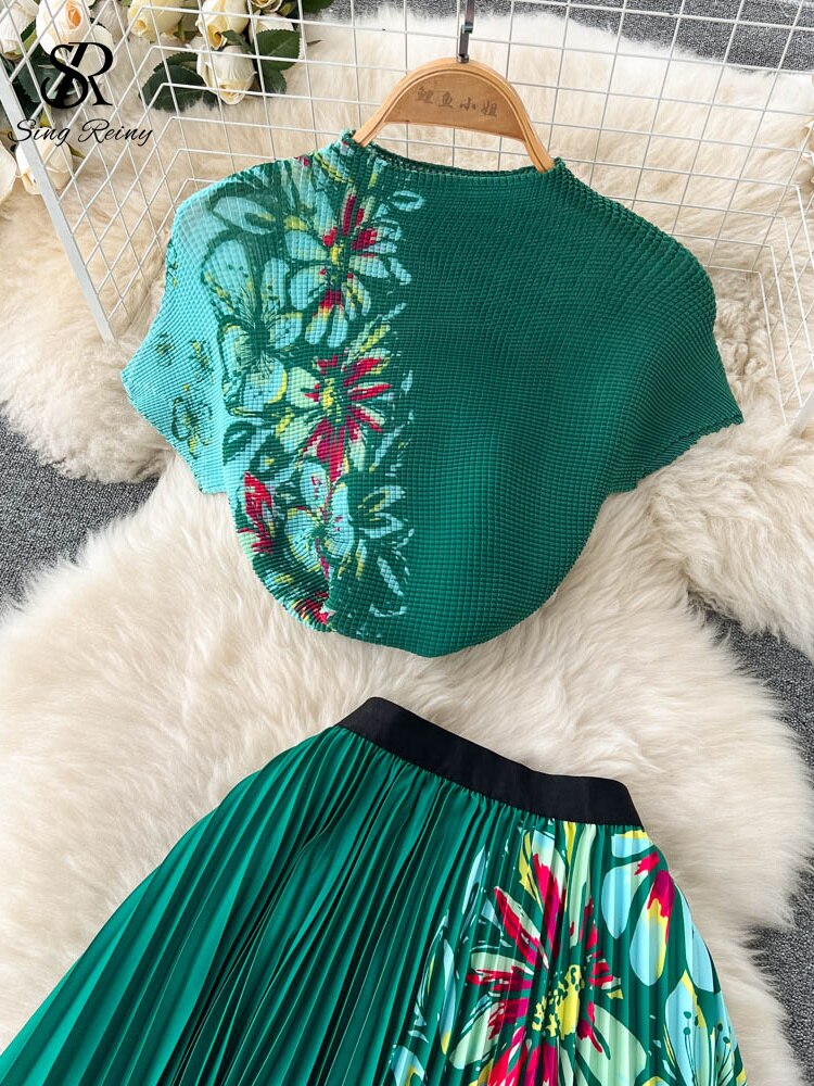 Tie Die Print Fashion Two Pieces Suits O Neck Short T Shirt+Hight Waist Pleated Skirt Women Streetwear Summer Set