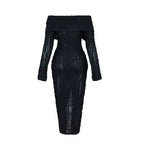 Fashionable and Elegant One line Neck Sexy Wrapped Hip Skirt Design with Wave Pattern Long sleeved Dress