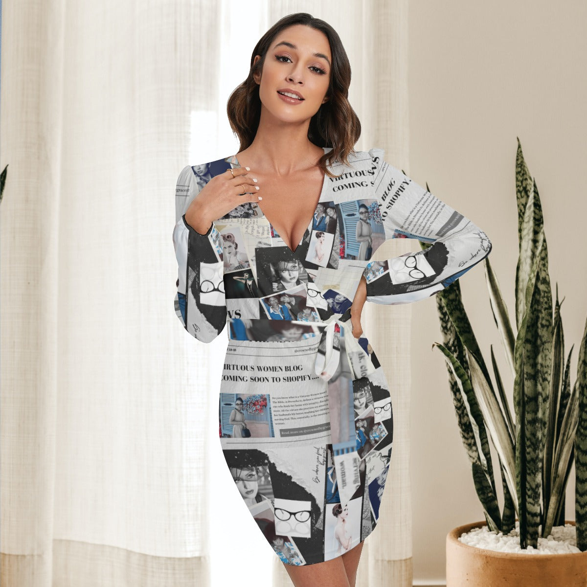 All-Over Print Women's Long Sleeve Dress With Waist Belt