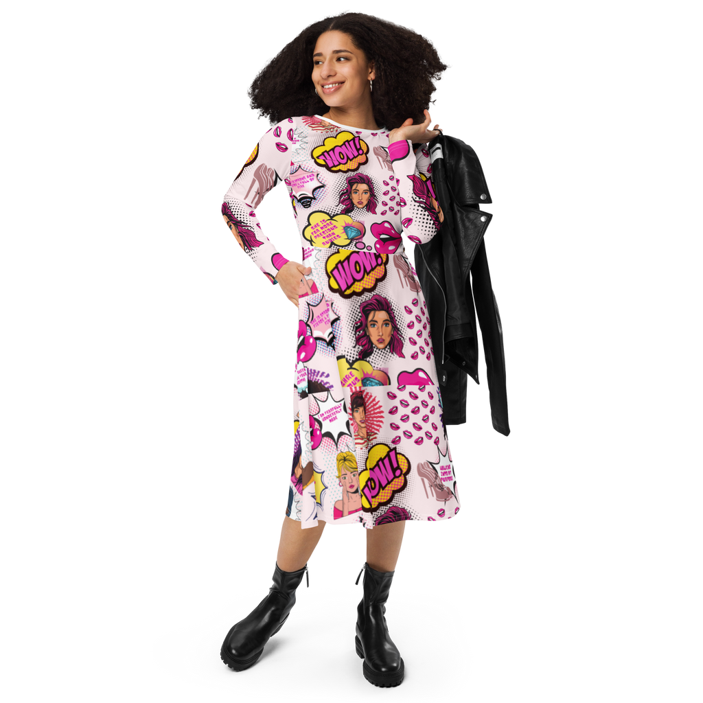 All-over print long sleeve midi dress